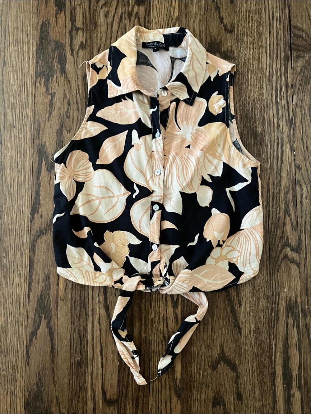 Rachel Zoe Black & Peach Tropical Botanical Floral Tie-Front Button Down Top